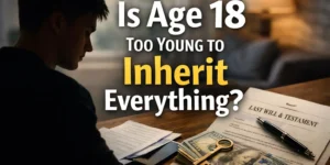 Is age 18 too young to inherit everything? A young adult reviewing a will and inheritance documents.