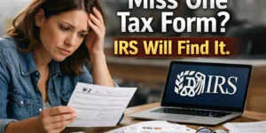 “Miss one tax form like W-2 or 1099 when filing taxes yourself — IRS matching system warning concept”