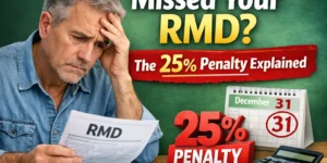 “Missed RMD deadline showing 25 percent IRS penalty with worried retiree reviewing RMD document”