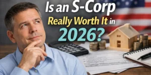 Is an S-Corp really worth it in 2026? Small business owner reviewing tax documents and payroll decisions.