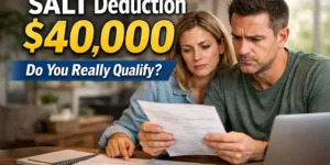 Couple reviewing tax documents with the text “SALT Deduction $40,000 – Do You Really Qualify?”