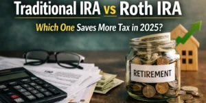 Traditional IRA vs Roth IRA comparison showing tax documents and retirement savings, asking which IRA saves more tax in 2025