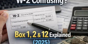 W-2 form close-up explaining Box 1, Box 2, and Box 12 for the 2025 tax return