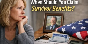 Widow considering when to claim Social Security survivor benefits, with Social Security documents and eataxguide.com branding