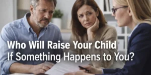 Concerned parents discussing guardian designation in a will with a professional advisor, highlighting child guardianship planning in New York