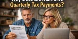 A couple reviewing Form 1040-ES and tax documents, illustrating why the IRS requires quarterly estimated tax payments