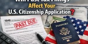 Thumbnail showing a U.S. passport and past tax return documents asking whether prior tax filings affect a U.S. citizenship application
