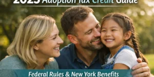 2025 adoption tax credit guide featuring an adoptive family, explaining federal non-refundable rules and New York state benefits