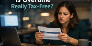 Is overtime really tax free? employee reviewing overtime pay on a paycheck at night