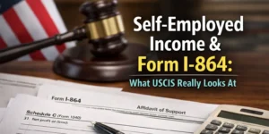 Self-employed income documents showing Schedule C and Form I-864 used for USCIS affidavit of support review