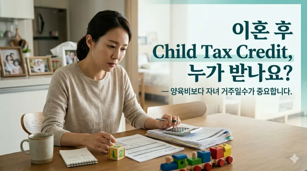 이혼 후 자녀 세액 공제(Child Tax Credit) 수혜 조건을 고민하며 식탁에서 계산기를 두드리는 한국 여성의 모습과 자녀의 장난감. 우측에는 "이혼 후 Child Tax Credit, 누가 받나요? — 양육비보다 자녀 거주일수가 중요합니다."라는 제목과 부제가 적혀 있습니다.