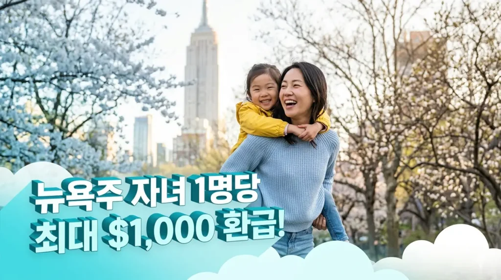 뉴욕 엠파이어 스테이트 빌딩을 배경으로 환하게 웃고 있는 한인 엄마와 딸의 실사 이미지 위로 '뉴욕주 자녀 1명당 최대 $1,000 환급!'이라는 문구가 적힌 블로그 썸네일.