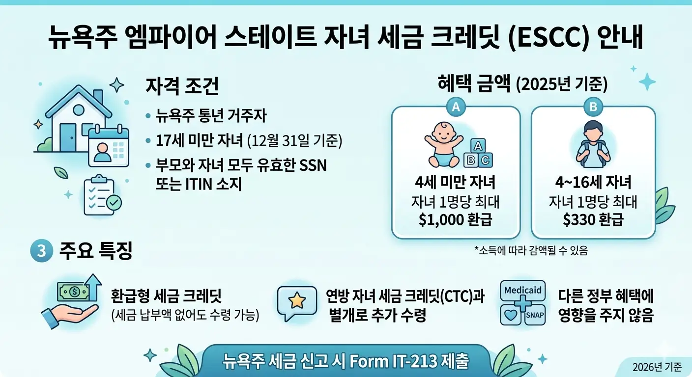 뉴욕주 Empire State Child Credit 2025년 귀속 크레딧 금액, 자격 조건, 연방 CTC 비교 인포그래픽