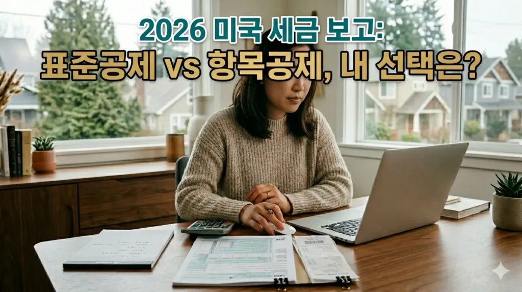 미국 세금 보고를 준비하는 한국 여성과 표준/항목공제 비교 문구가 삽입된 썸네일