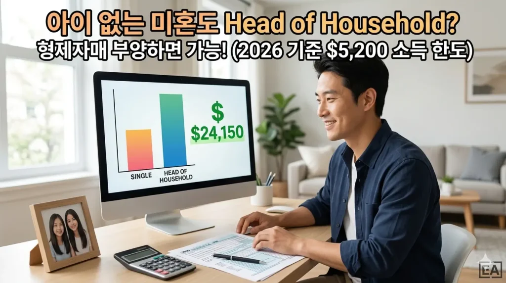 2026년 미국 귀속 세금 보고 기준, 자녀가 없는 미혼 납세자가 소득 요건($5,200 이하)과 부양 조건을 충족하는 형제자매를 부양할 때 Head of Household(HOH)로 신고하여 $24,150의 높은 표준공제 혜택을 받을 수 있음을 설명하는 실사 썸네일 이미지입니다.