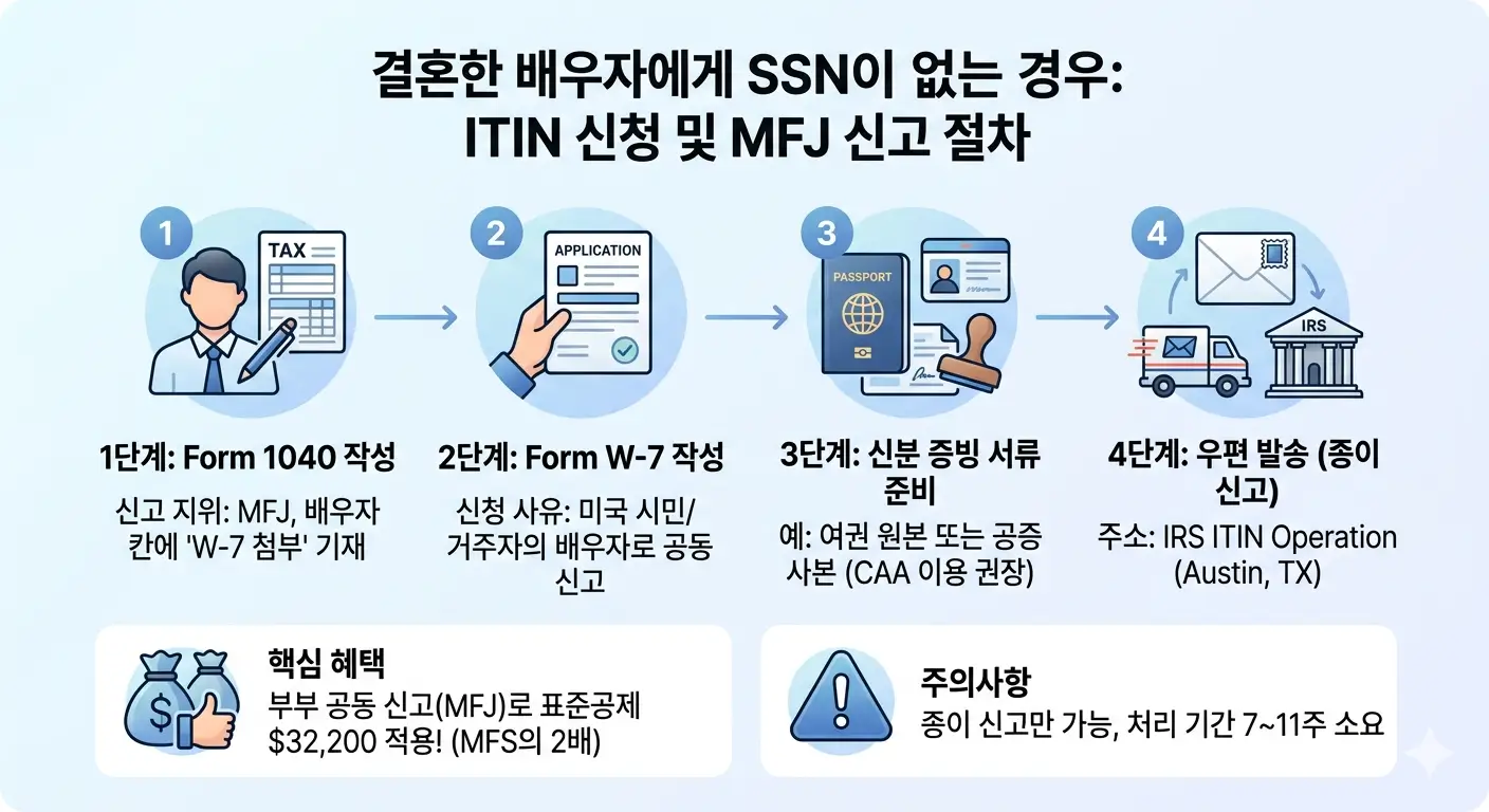 결혼 후 배우자 SSN 없을 때 ITIN 신청하여 MFJ 신고하는 절차 인포그래픽