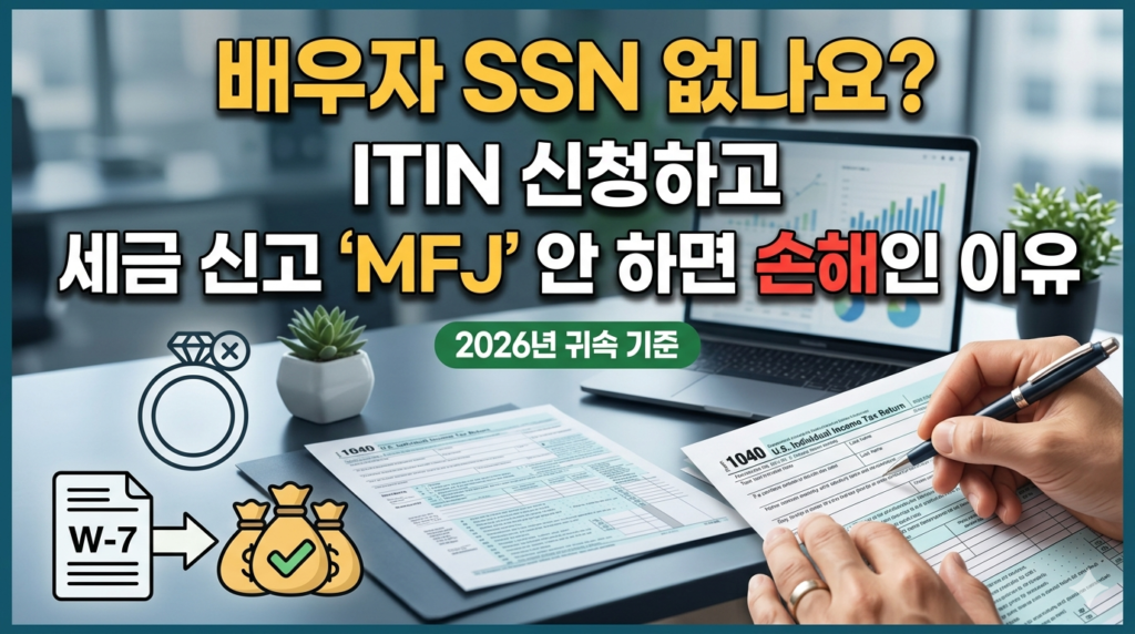 배우자 SSN 없이 미국 세금 신고 시 '부부 공동 신고(MFJ)' 안 하면 손해인 이유를 설명하는 블로그 썸네일 실사 이미지. '배우자 SSN 없나요?', '세금 신고 'MFJ' 안 하면 손해인 이유' 텍스트와 결혼반지를 낀 손이 Form 1040에 서명하는 모습. 2026년 귀속 기준.